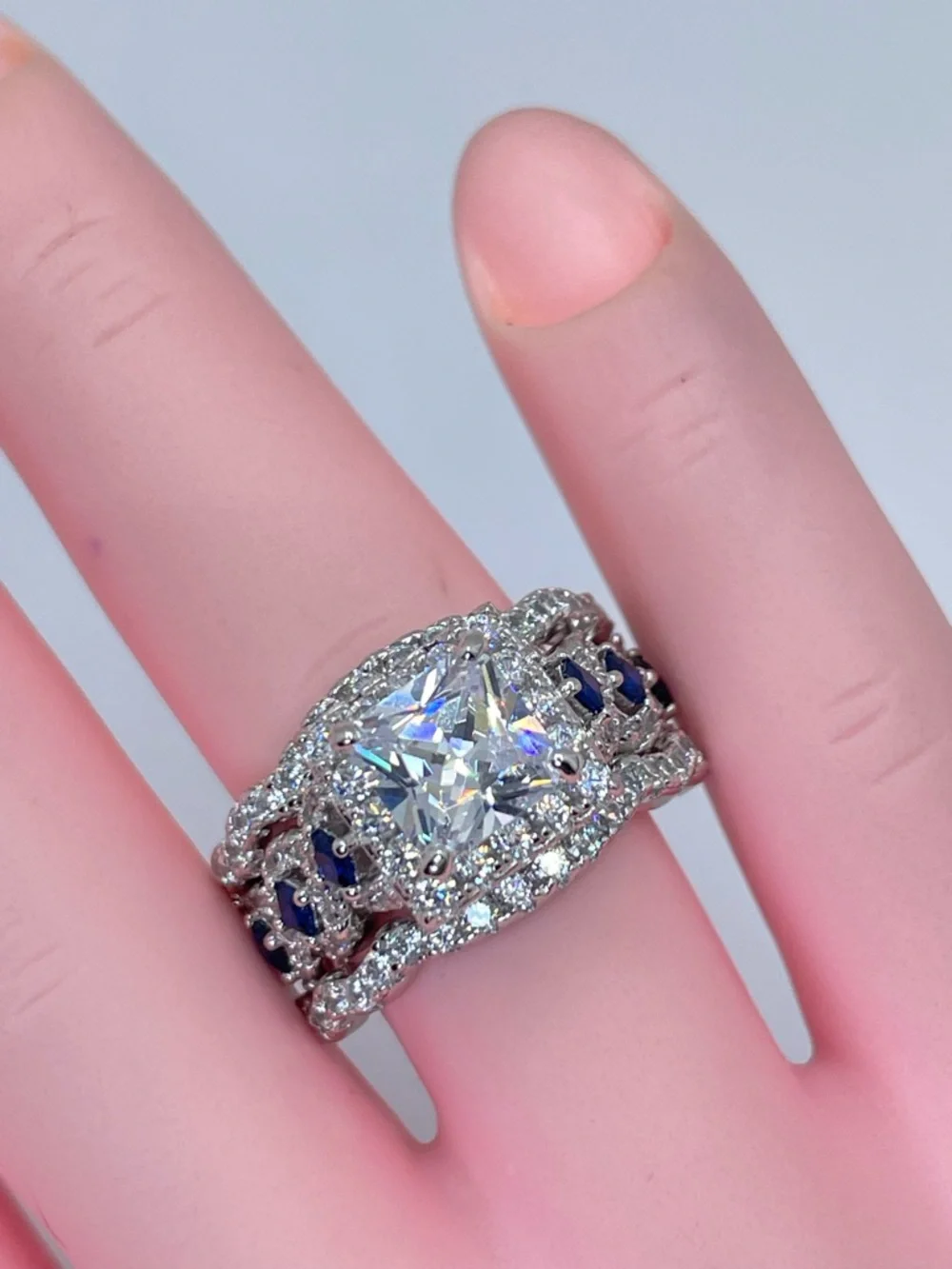 925 Sterling Silver Cushion Cut Diamond Sapphire R3 Band Wedding Ring‎ Set 5